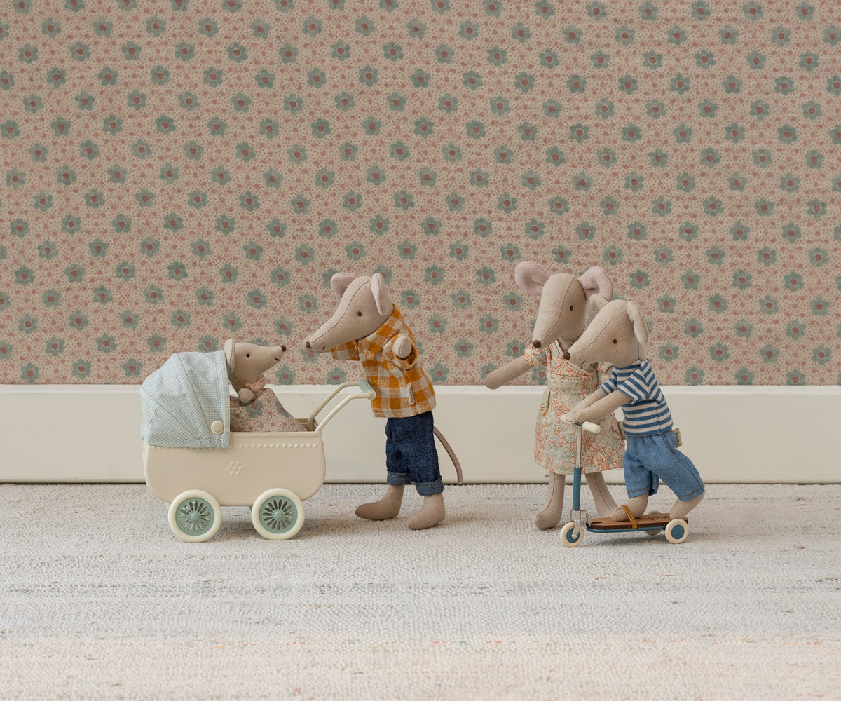 Maileg Pram with Baby Mouse in Mint styled with other mice (not included)