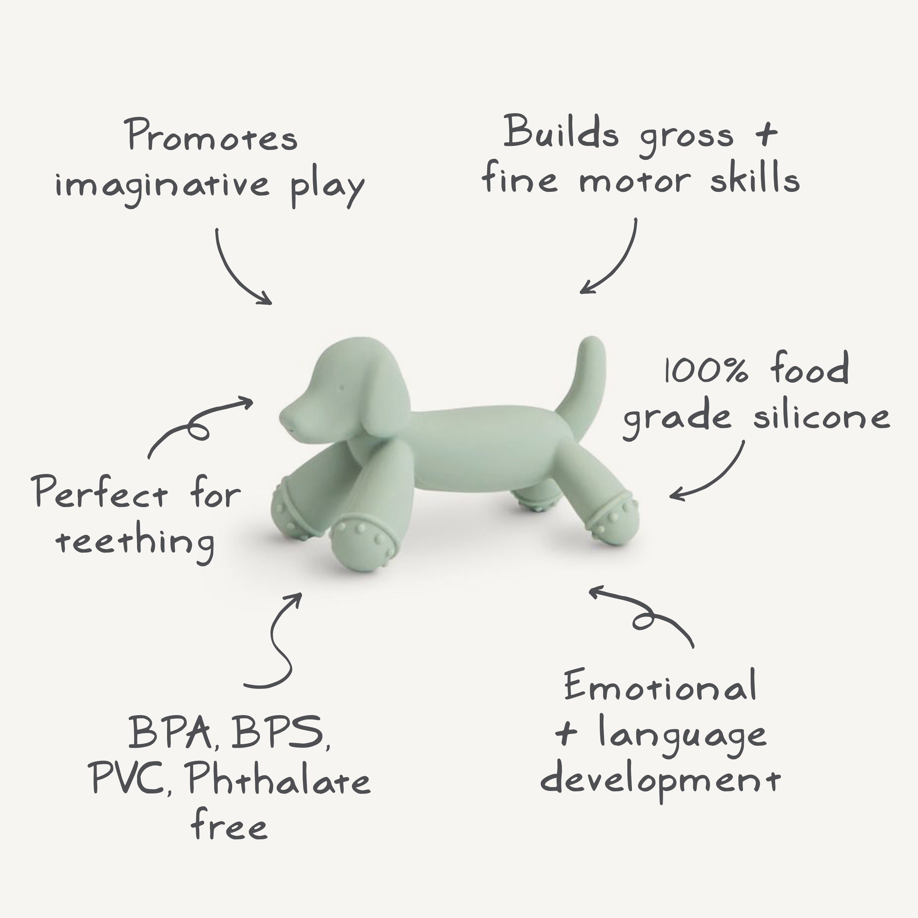 Graphic of a Mushie figurine teether in Dog