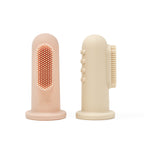 Mushie finger toothbrush set in Blush and Shifting sand on a white background