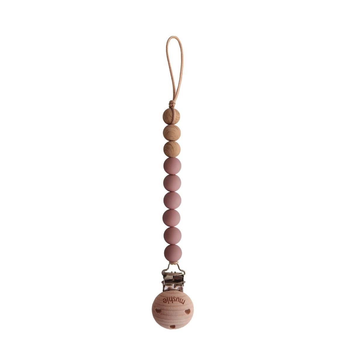Mushie pacifier clip Eva in Cloudy mauve on a white background
