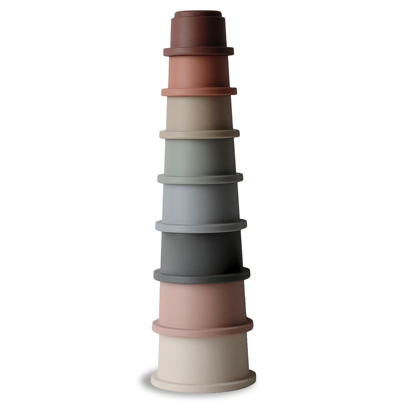 Mushie stacking cups in Original stacked in a tower on a white background