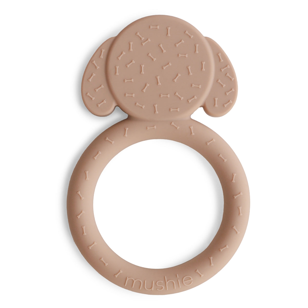 Back view of a Mushie silicone teether in Dog on a white background