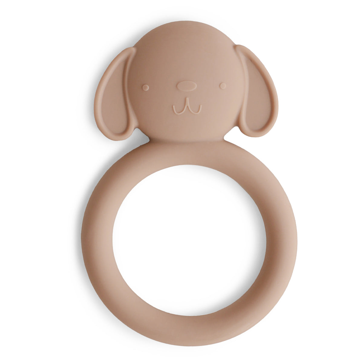 Front view of a Mushie silicone teether in Dog on a white background