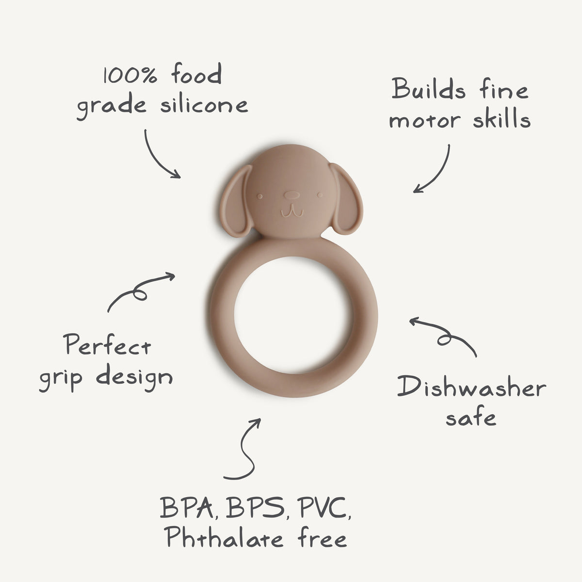 Graphic of a Mushie silicone teether in Dog