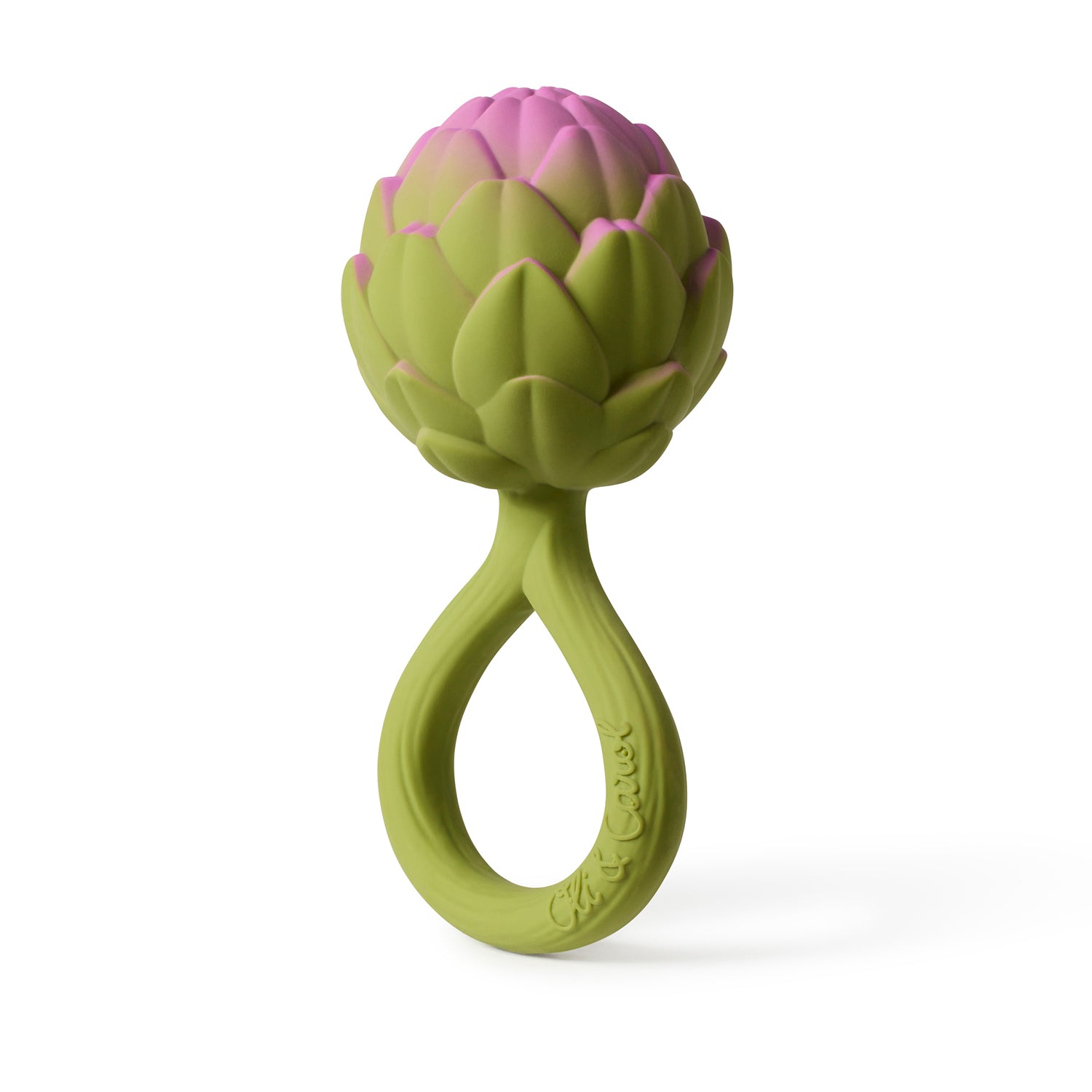 Oli&Carol Artichoke baby rattle toy in natural rubber on a white background