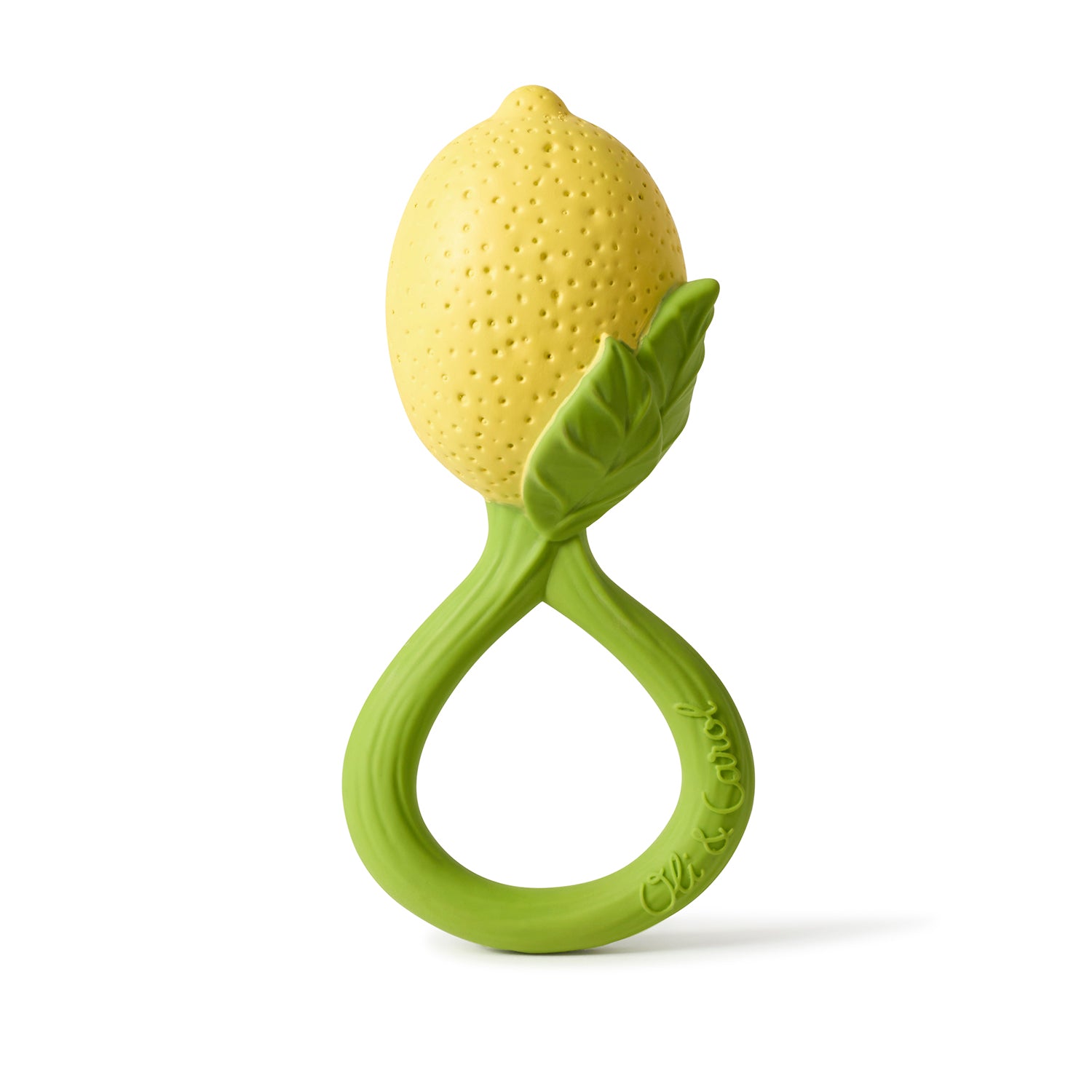 Oli&Carol Lemon baby rattle toy in natural rubber on a white background