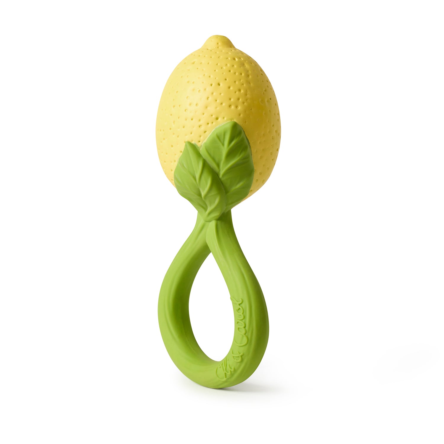 Oli&Carol Lemon baby rattle toy in natural rubber on a white background