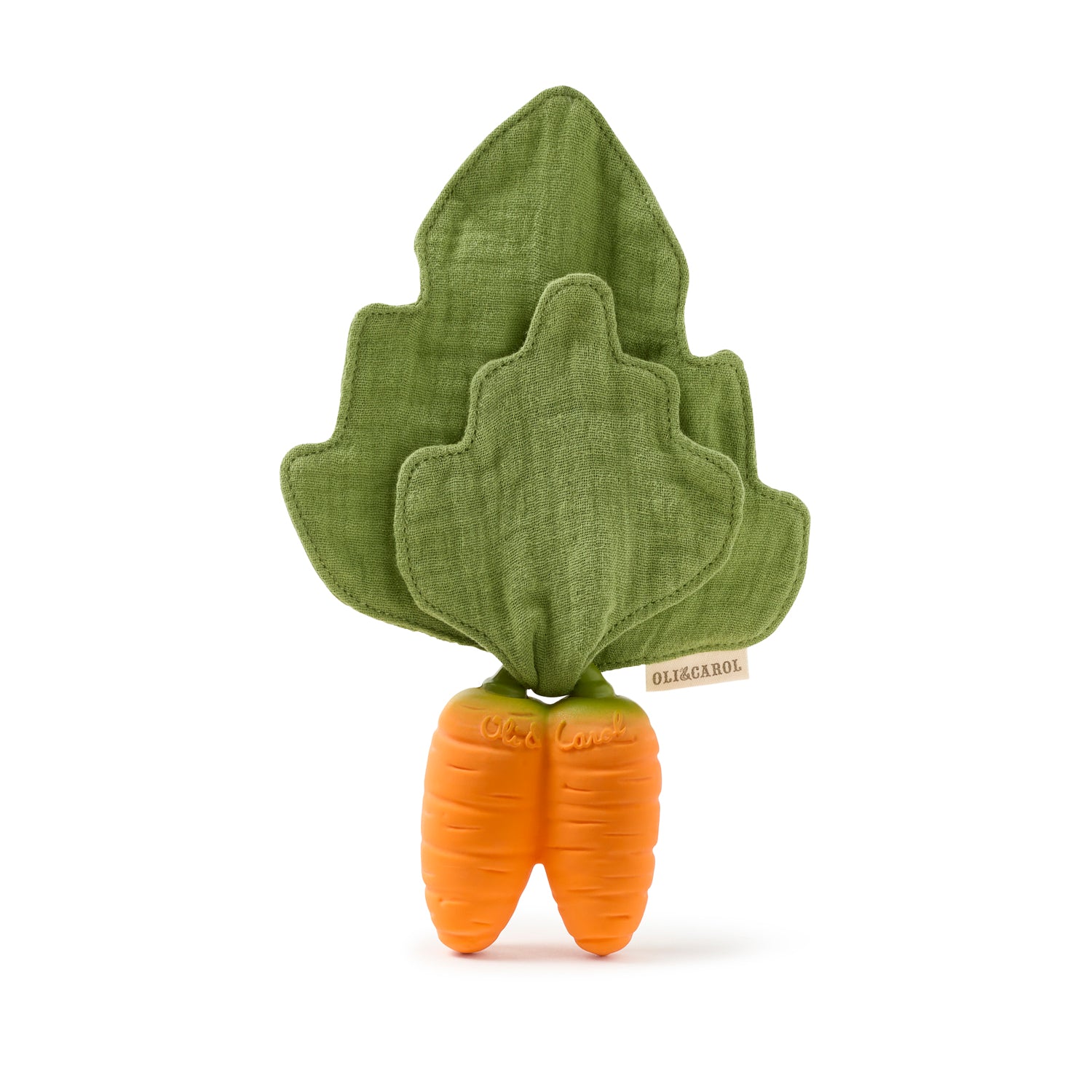 Oli&Carol Cathy the Carrot doudou teether in natural rubber on a white background
