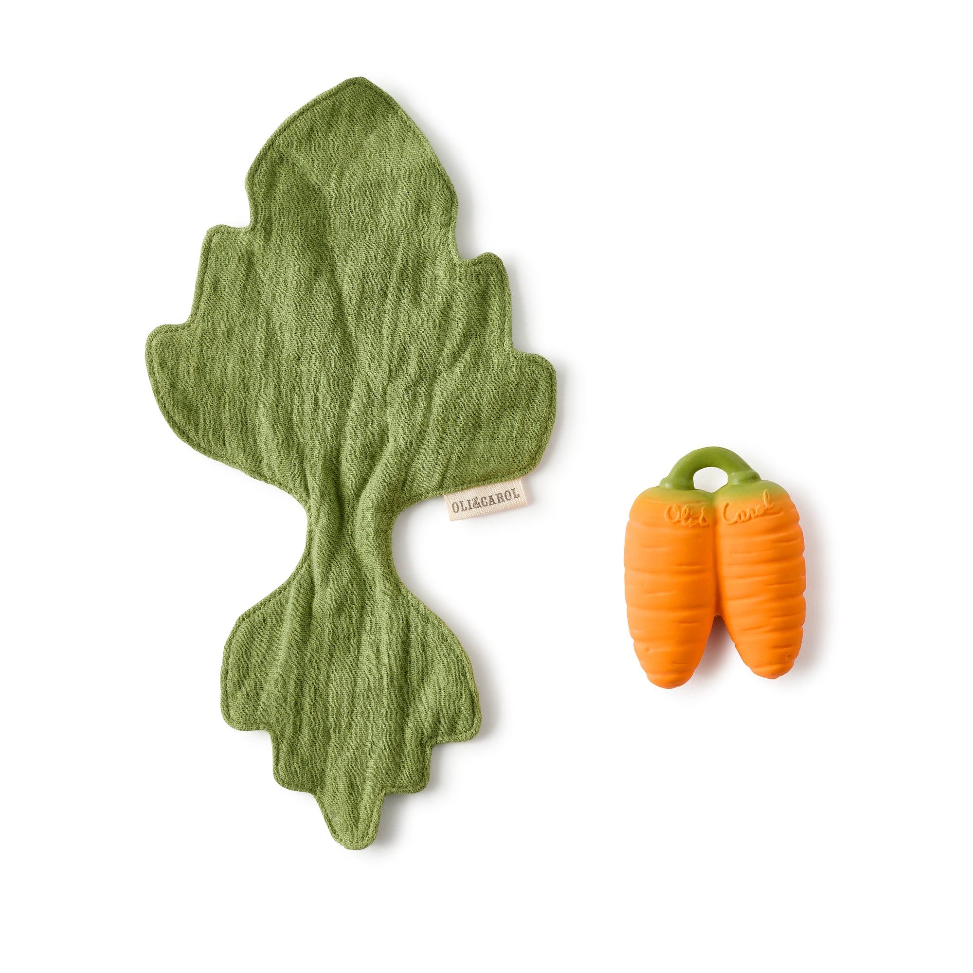 Oli&Carol Cathy the Carrot doudou teether in natural rubber on a white background