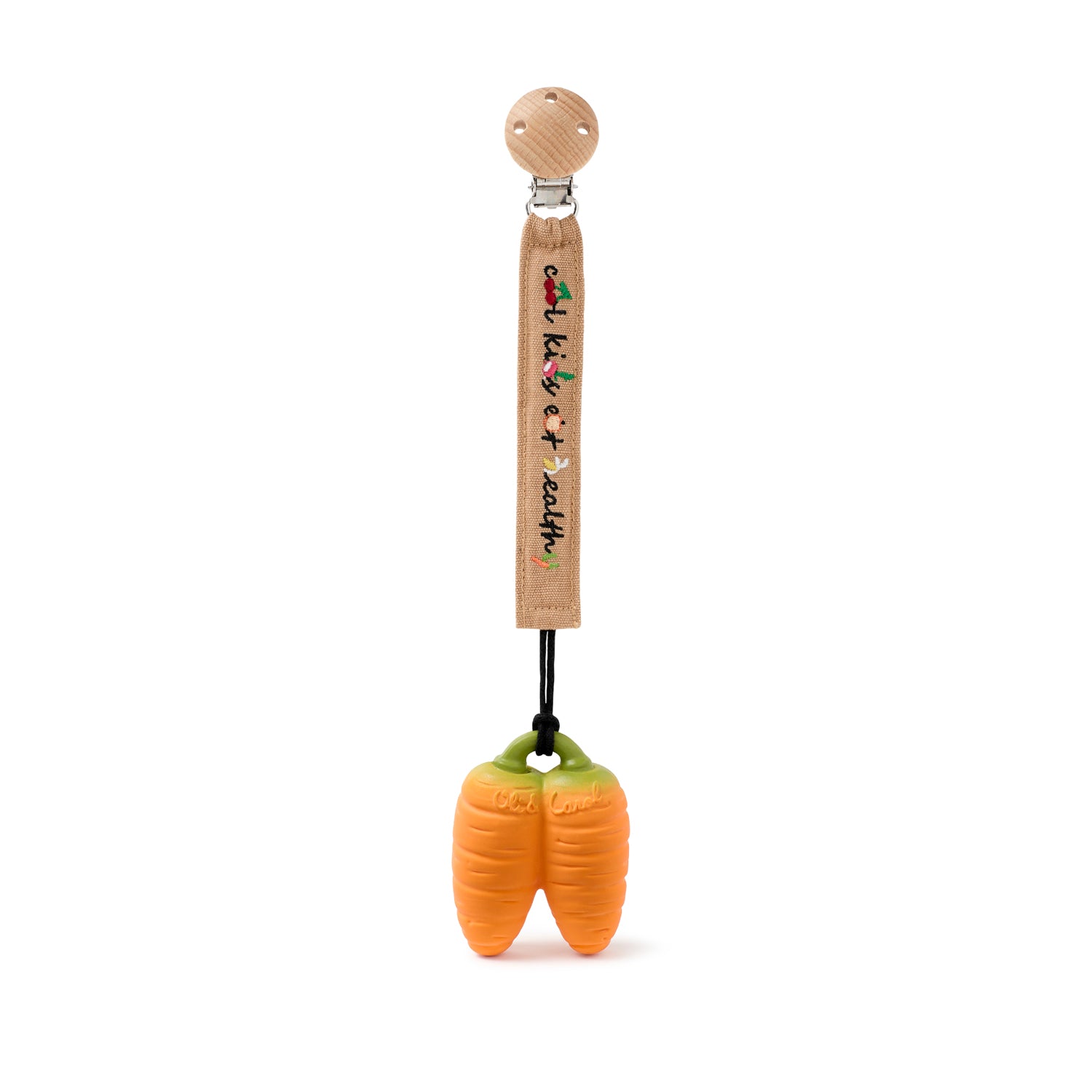 Oli&Carol Cathy the Carrot doudou teether in natural rubber hanging on a pacifier clip (not included) on a white background
