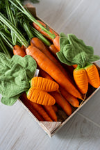 Oli&Carol Cathy the Carrot doudou teether in natural rubber lying in a crate with carrots