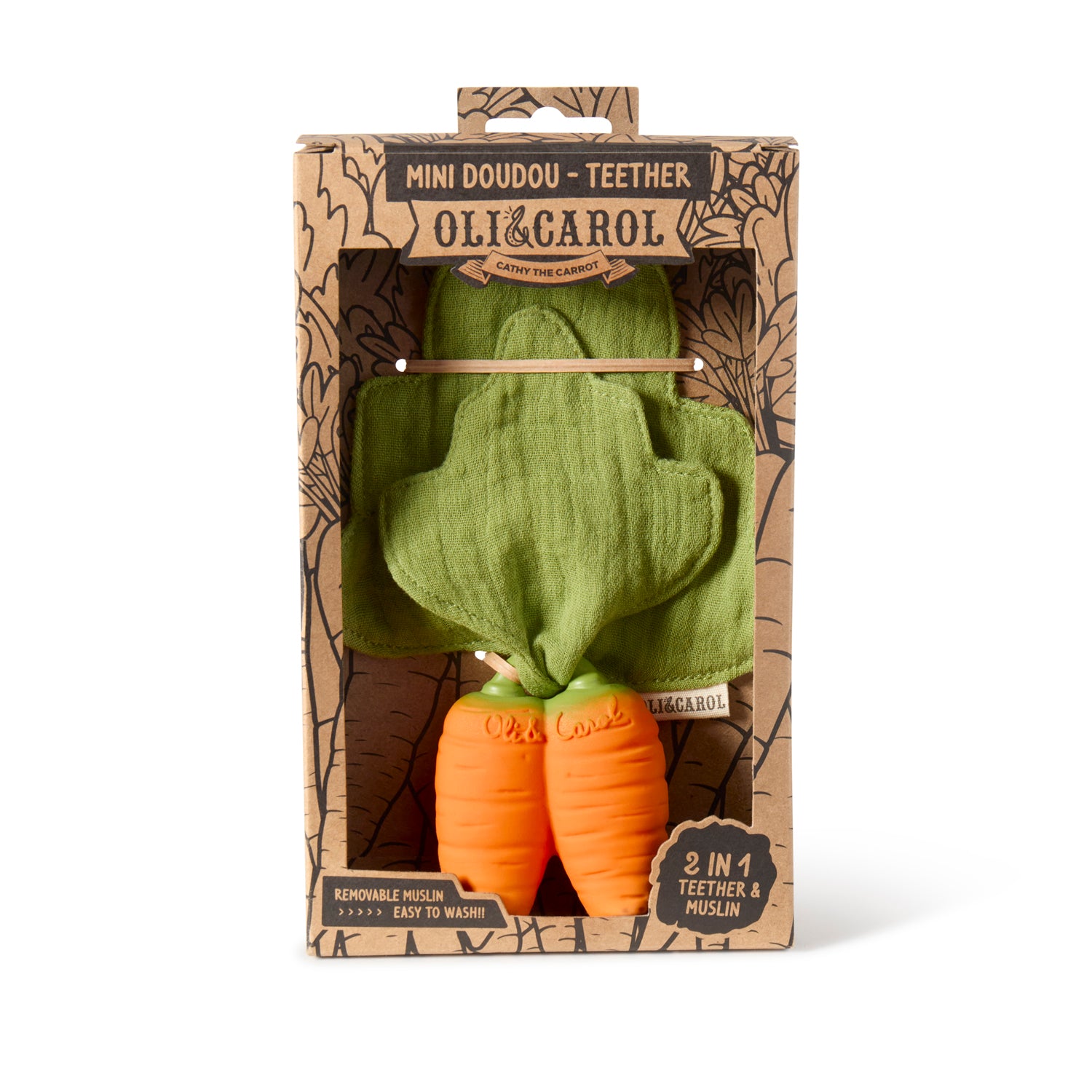 Oli&Carol Cathy the Carrot doudou teether in natural rubber in original packaging