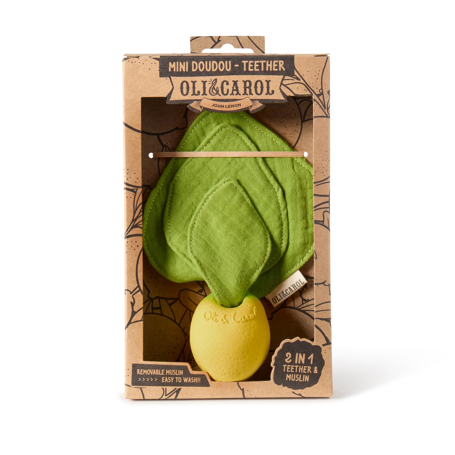 Oli & Carol Lou the Lemon doudou teether in natural rubber in original packaging