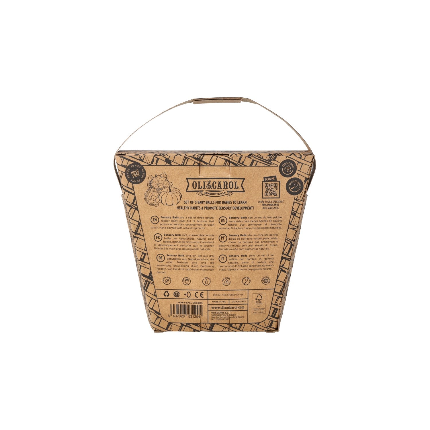 Back view of original Oli&Carol Veggie Soup sensory balls set packaging on a white background