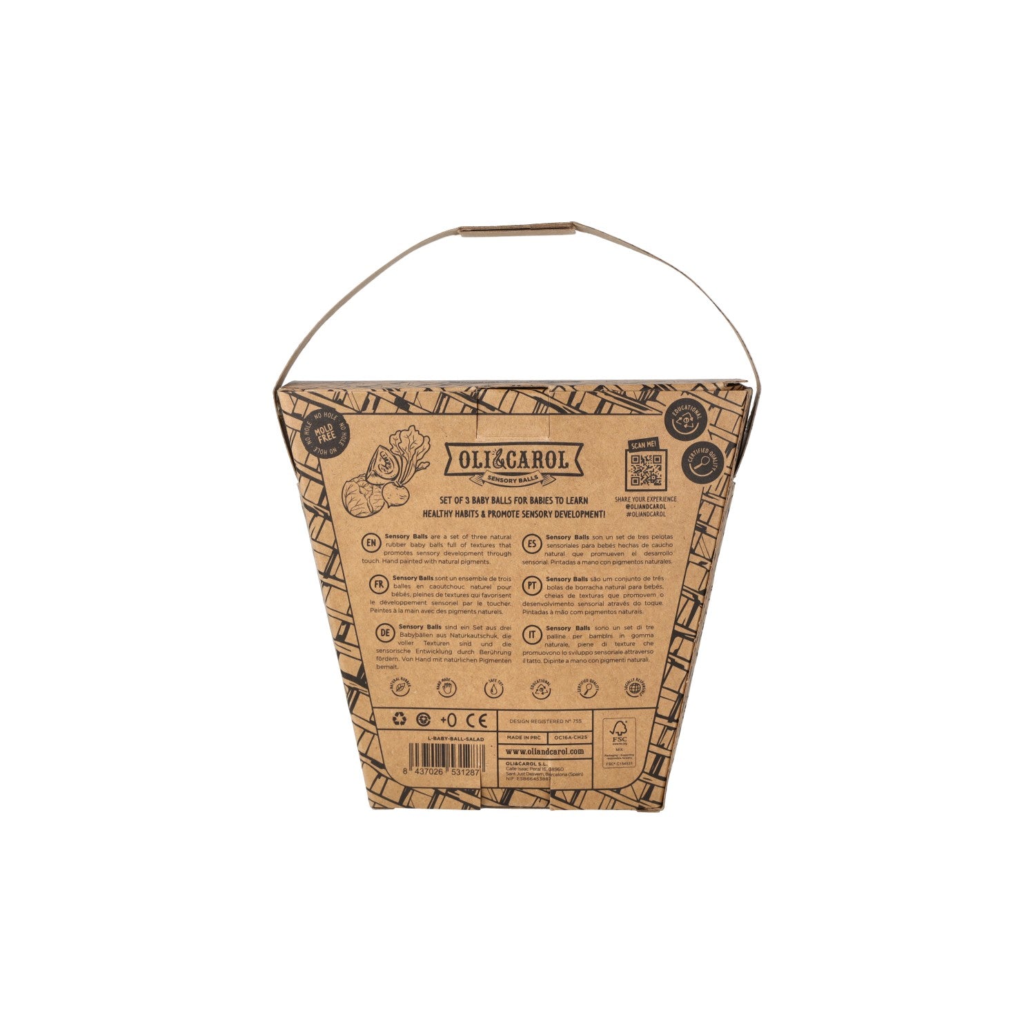 Back view of original Oli & Carol Veggie Soup sensory balls set packaging on a white background