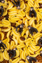 Close-up of Petit Boum Monkey sensory bottle contents with monkey and banana figurines