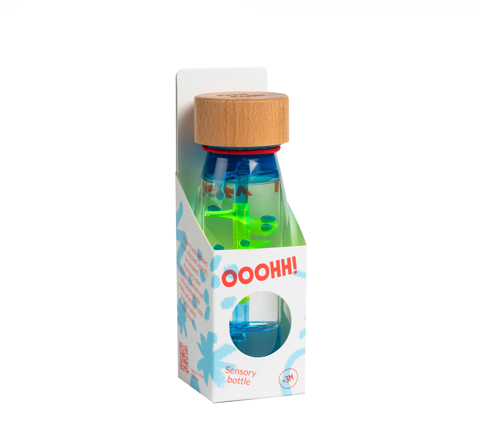 Petit Boum Spiral blue sensory bottle displayed with original packaging