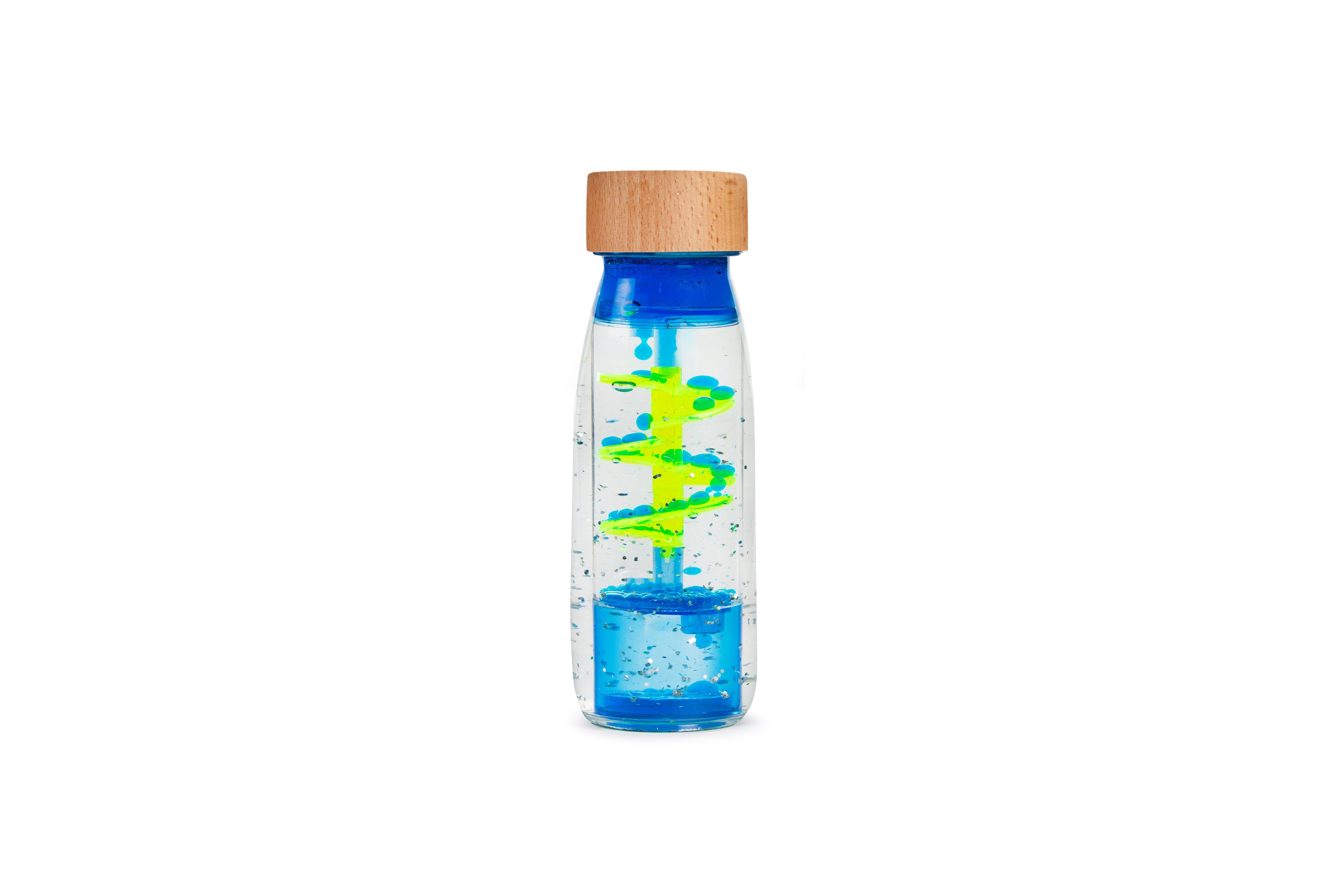 Petit Boum Spiral blue sensory bottle, front view