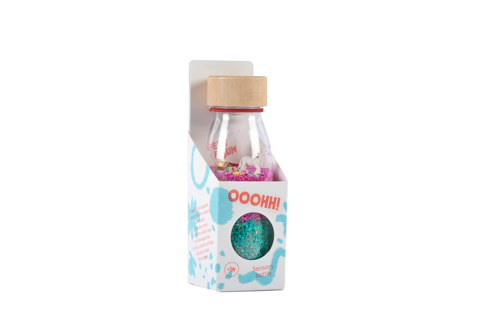 Petit Boum Unicorn sensory bottle displayed with original packaging