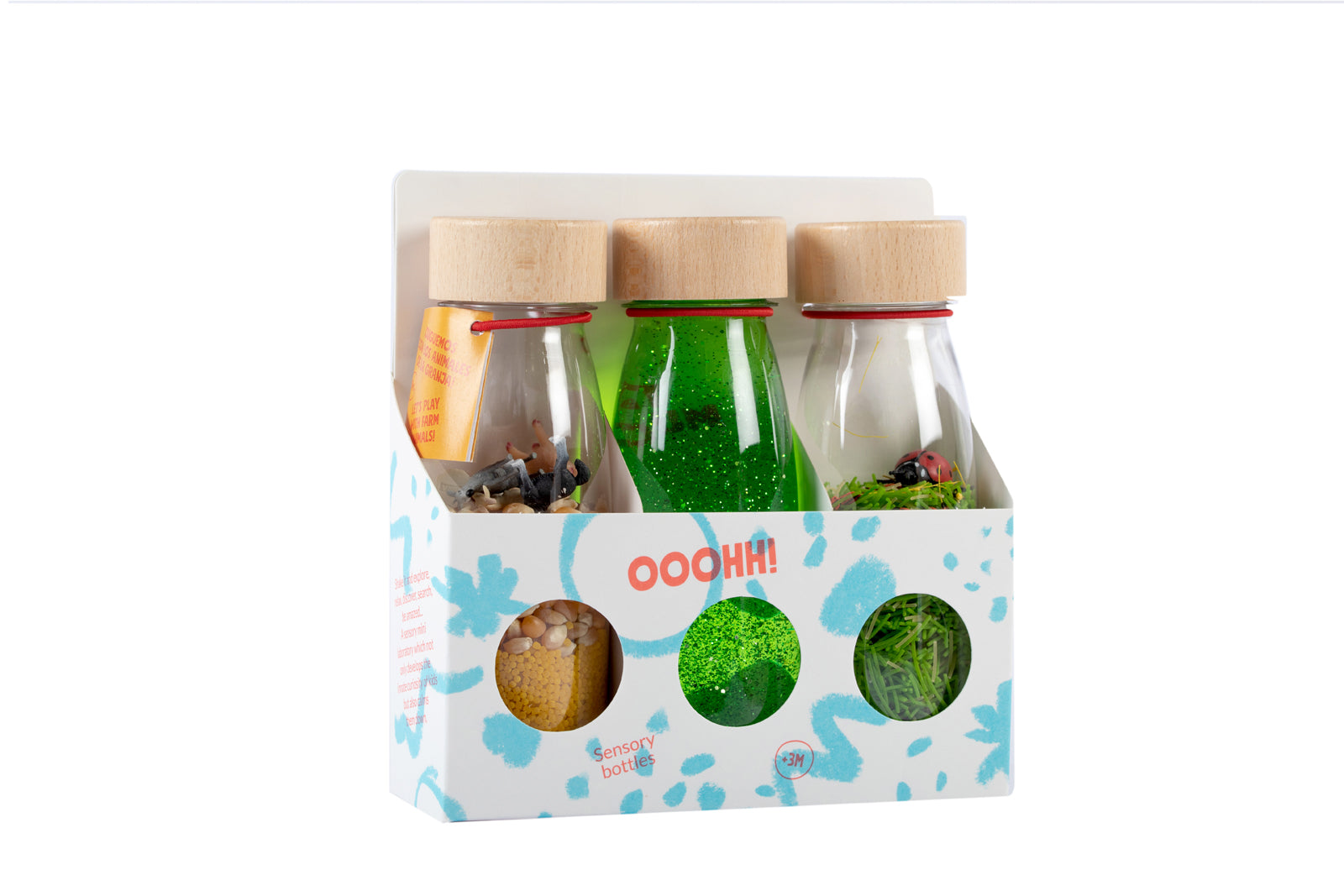 Petit Boum set of 3 Life sensory bottles displayed with original packaging