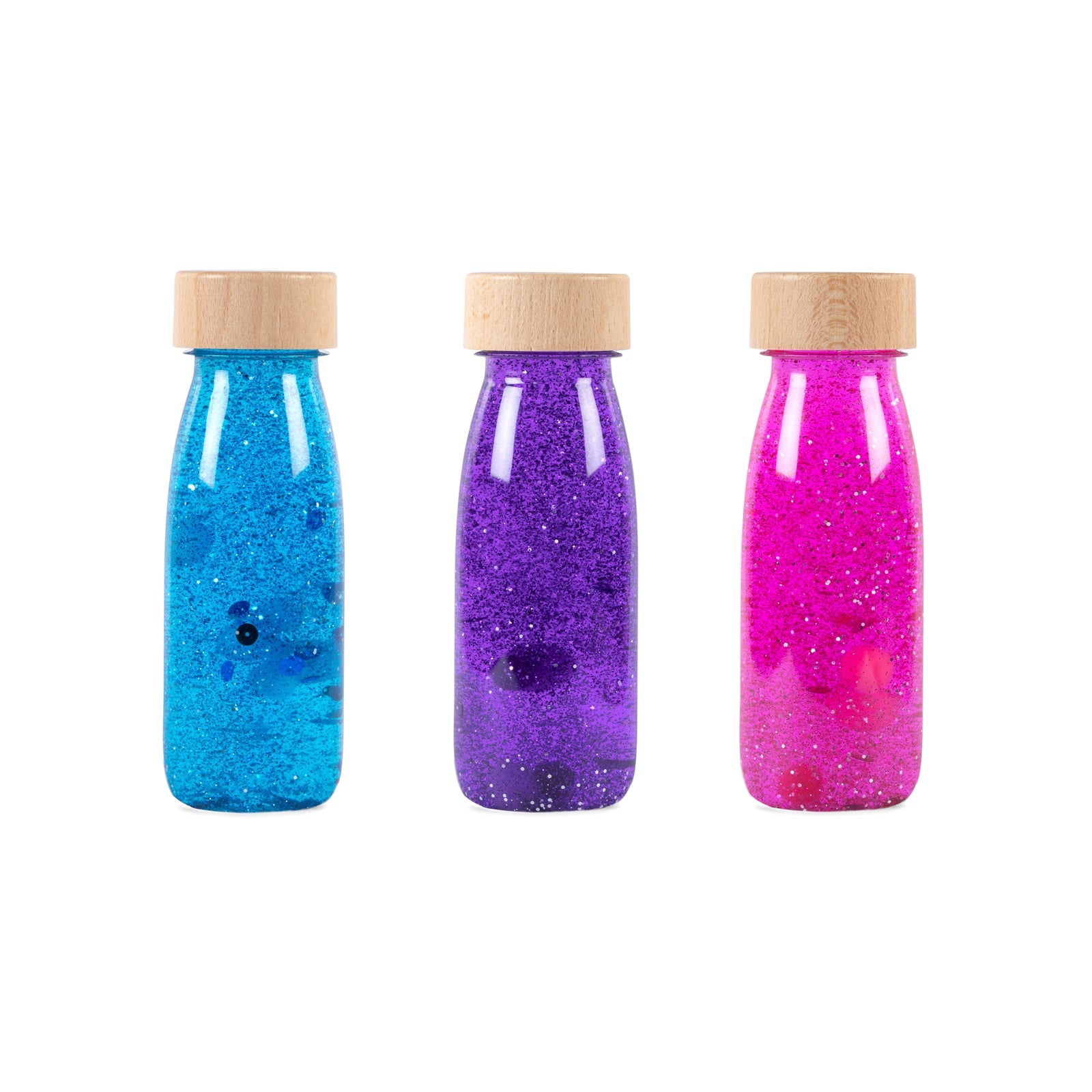 Set of 3 Petit Boum Magic sensory bottles, front view