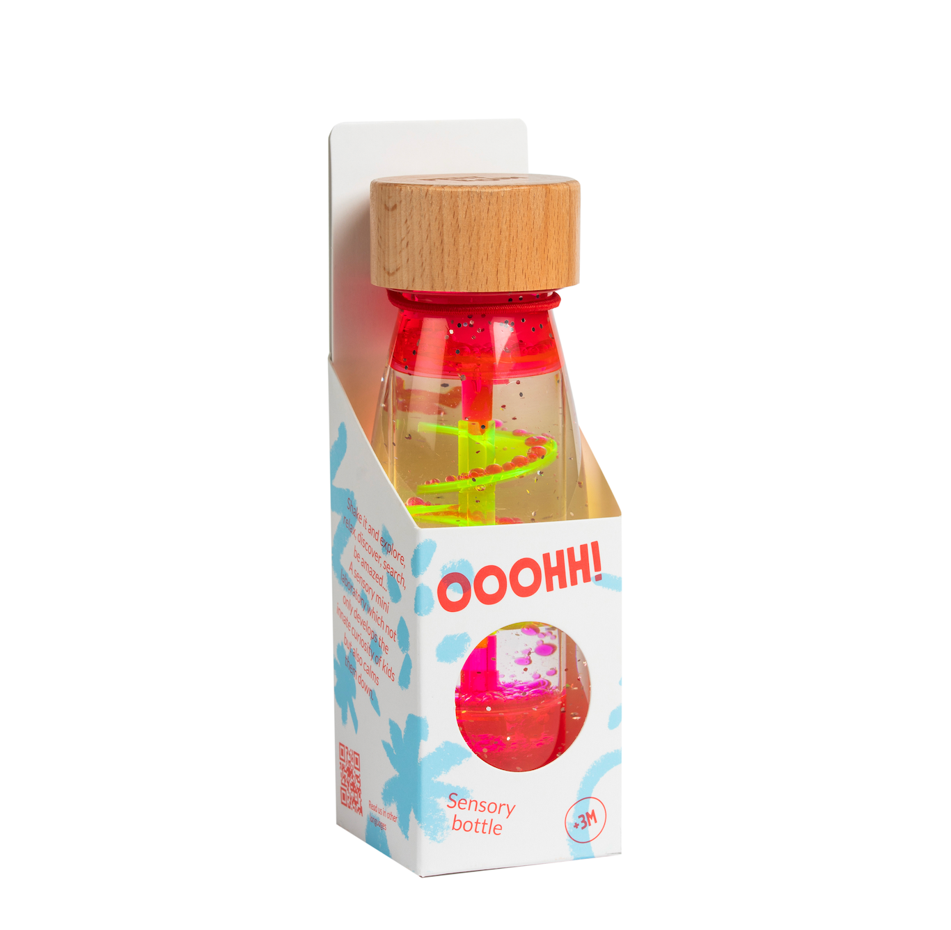 Petit Boum Spiral pink sensory bottle displayed with original packaging