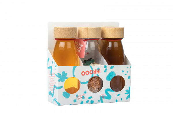 Petit Boum set of 3 Woodland sensory bottles displayed with original packaging