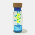 Demo video of Petit Boum Spiral blue sensory bottle showing swirling blue liquid and sensory yellow spiral motion